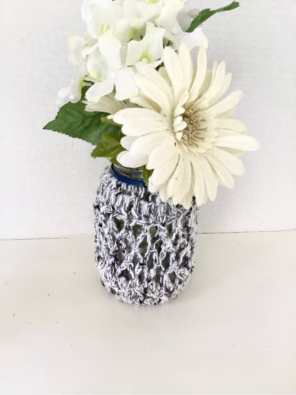 Vase Cover Hand Crafted Crochet White Silver